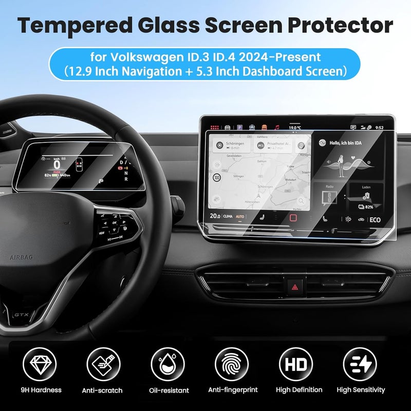 Canvcle حماية شاشة لسيارات فولكس فاجن 2024 2025 VW ID.3 ID.4 بحجم 12.9 بوصة لنظام الملاحة + 5.3 بوصة لشاشة لوحة القيادة، واقي شاشة زجاجي مقسى، غطاء واقي لشاشة نظام الملاحة، فيلم حماية - Image 2